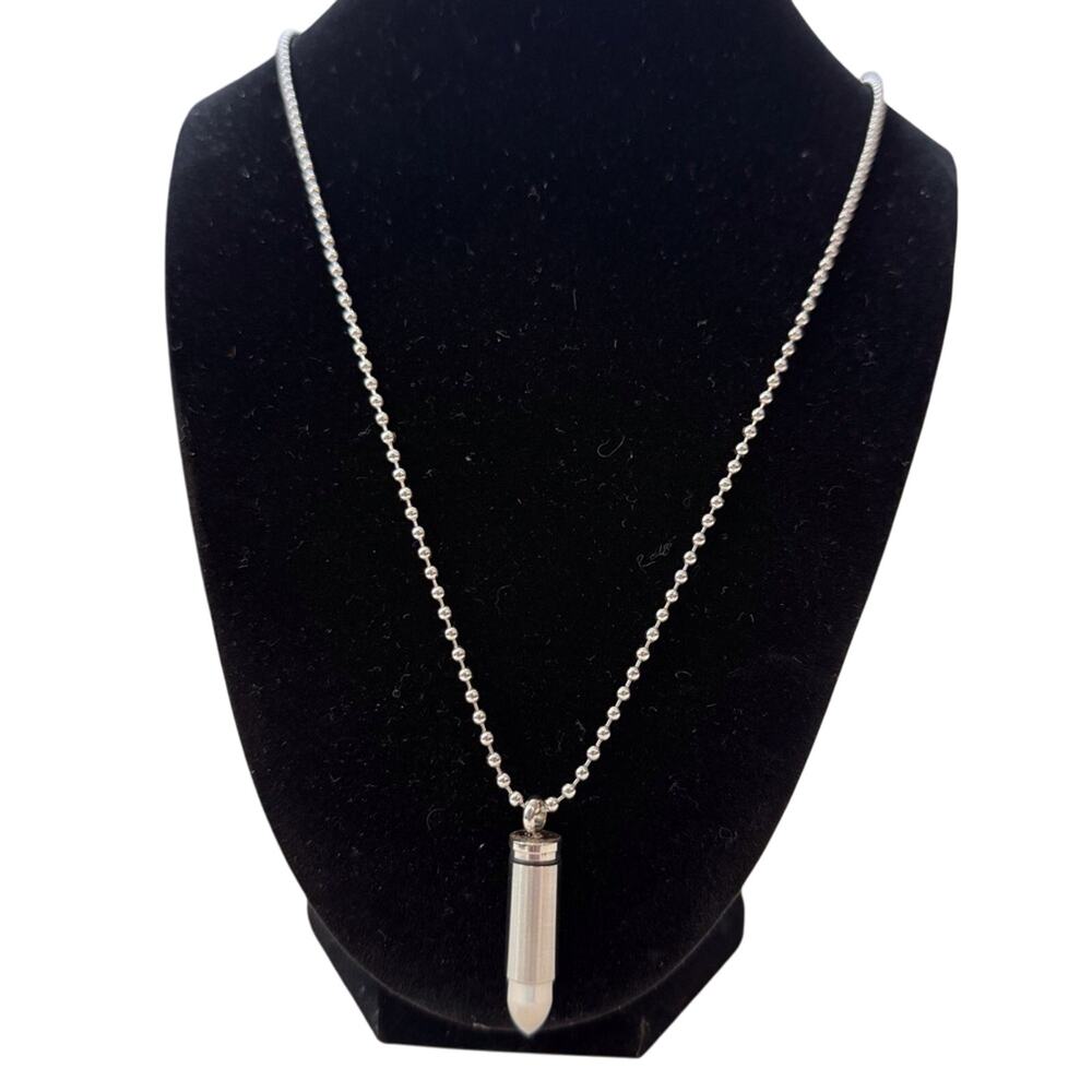 NIB In Loving Memory Stainless Steel Bullet Urn Pendant Necklace Bead Chain